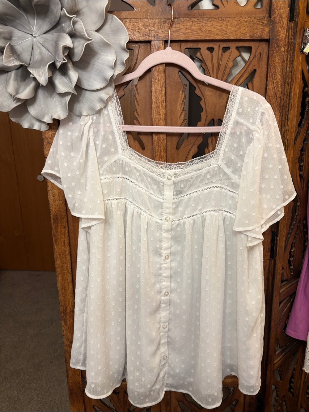 Boho Swiss Dot Lace-Trim Button Front Women's Blouse in White